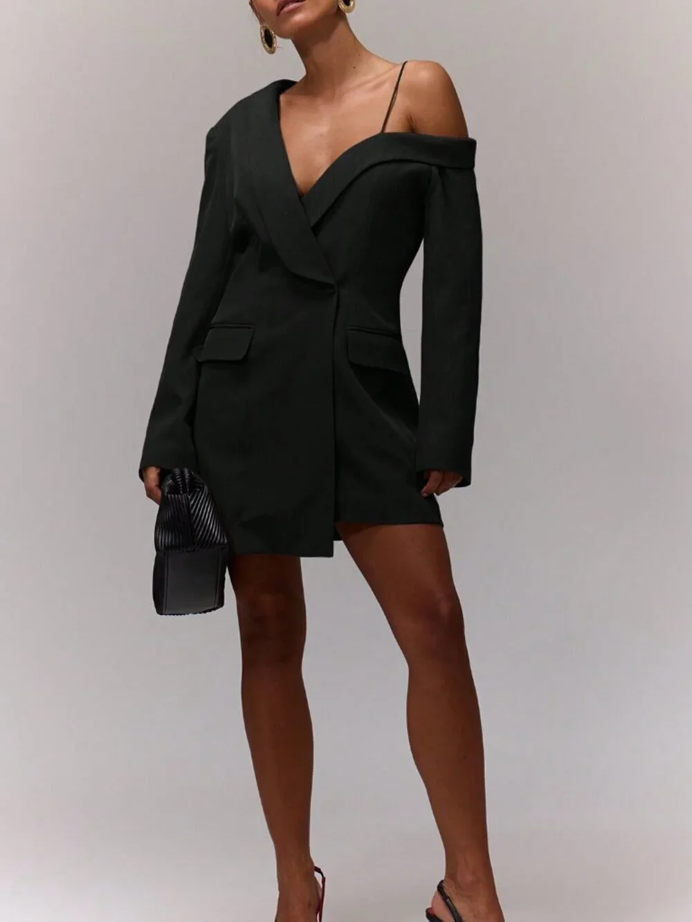 Black Elegant Women's Asymmetric Mini Blazer Dress
